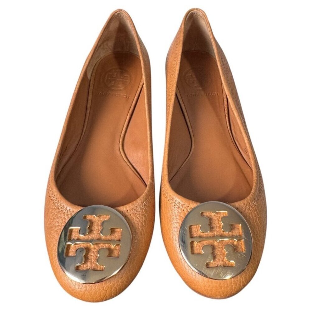 WORN ONCE Tory Burch Caramel Tan‎ Pebbled Leather Designer ballet flats sz 5.5 M